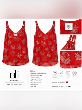 CAbi Nantucket Cami - Red with Cream Colored Basket Print- size Small